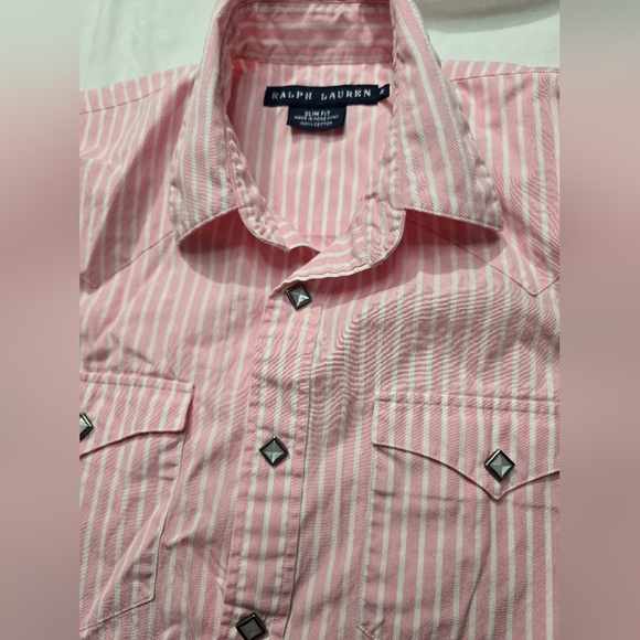 Ralph Lauren Slim Fit PinkWhite Striped Western Long Sleeve Snap Down Shirt Sz 4 - Picture 2 of 11